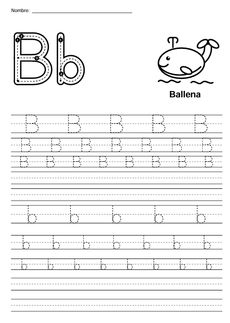 Página del alfabeto: letra B para trazar con líneas punteadas y una ballena