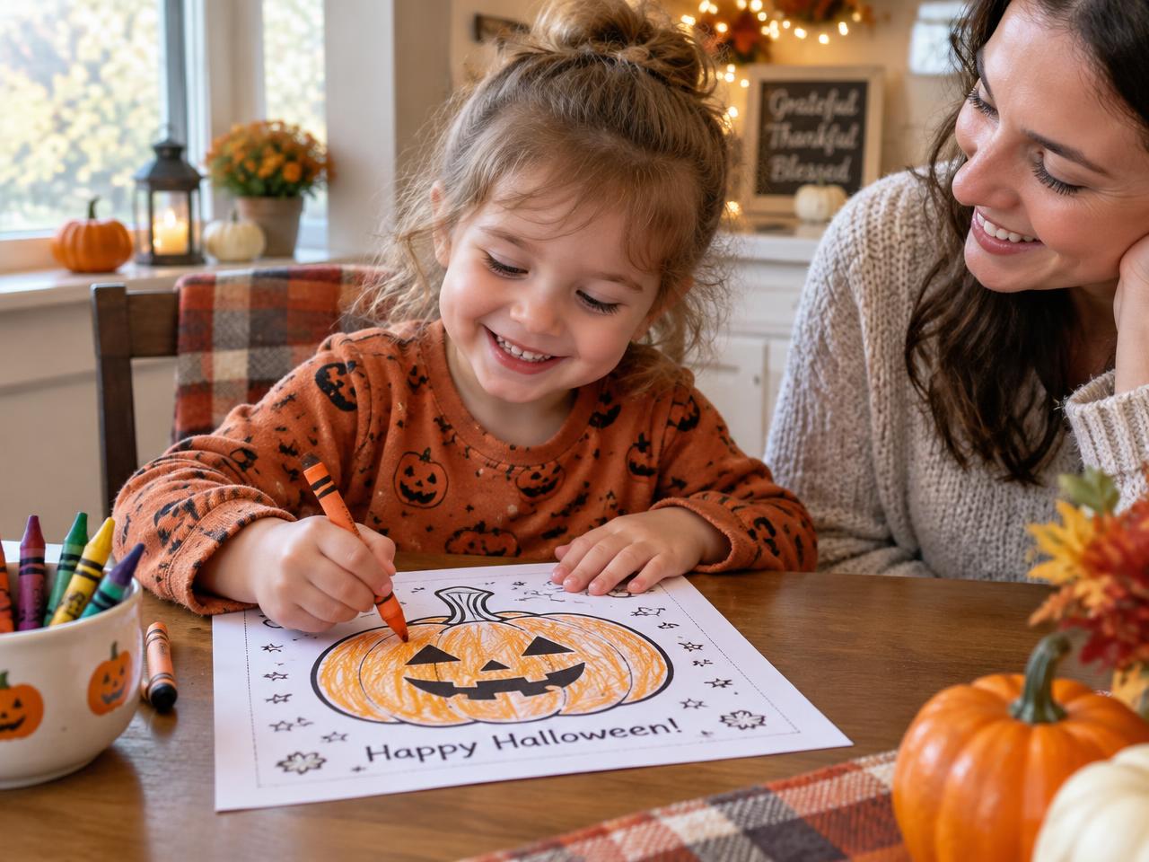 Niña coloreando una calabaza de Halloween junto a su mamá