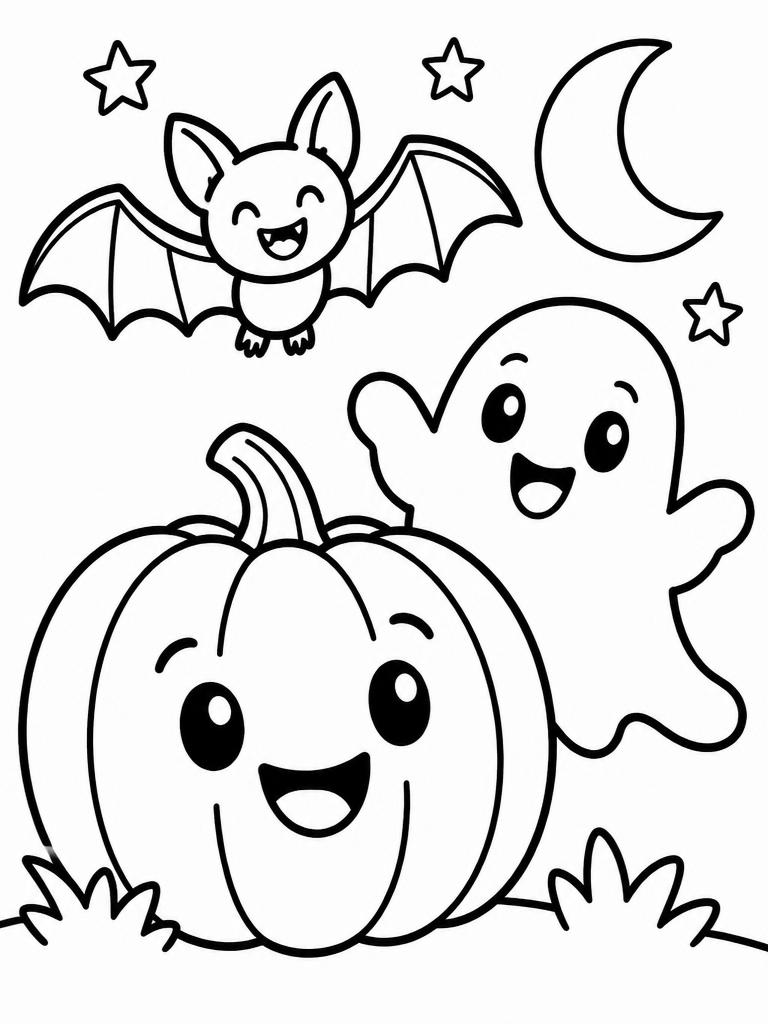Página para colorear con calabaza, fantasma y murciélago